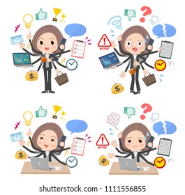 A set of women who perform multitasking in the office.
There are things to do smoothly and a pattern that is in a panic.
It's vector art so it's easy to edit.