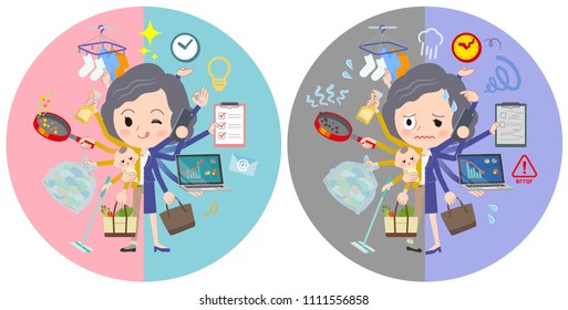 A set of women who perform multitasking in offices and private.
There are things to do smoothly and a pattern that is in a panic.
It's vector art so it's easy to edit.