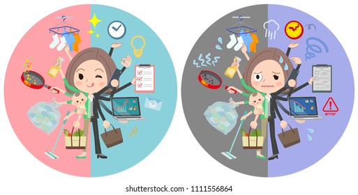 A set of women who perform multitasking in offices and private.
There are things to do smoothly and a pattern that is in a panic.
It's vector art so it's easy to edit.