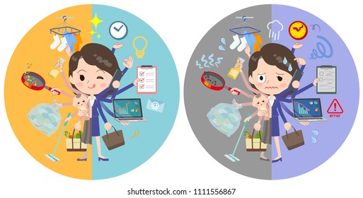 A set of women who perform multitasking in offices and private.
There are things to do smoothly and a pattern that is in a panic.
It's vector art so it's easy to edit.