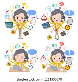 A set of women who perform multitasking in the office.
There are things to do smoothly and a pattern that is in a panic.
It's vector art so it's easy to edit.