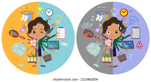 A set of women who perform multitasking in offices and private.
There are things to do smoothly and a pattern that is in a panic.
It's vector art so it's easy to edit.