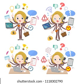 A set of women who perform multitasking in the office.
There are things to do smoothly and a pattern that is in a panic.
It's vector art so it's easy to edit.