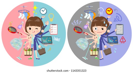 A set of women who perform multitasking in offices and private.There are things to do smoothly and a pattern that is in a panic.It's vector art so it's easy to edit.