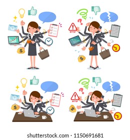 A set of women who perform multitasking in the office.There are things to do smoothly and a pattern that is in a panic.It's vector art so it's easy to edit.