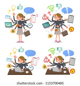 A set of women who perform multitasking in the office.There are things to do smoothly and a pattern that is in a panic.It's vector art so it's easy to edit.