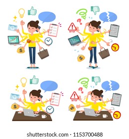 A set of women who perform multitasking in the office.There are things to do smoothly and a pattern that is in a panic.It's vector art so it's easy to edit.