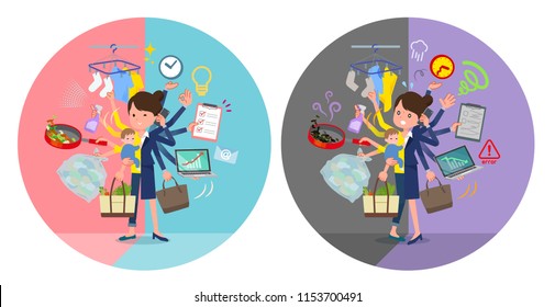 A set of women who perform multitasking in offices and private.There are things to do smoothly and a pattern that is in a panic.It's vector art so it's easy to edit.
