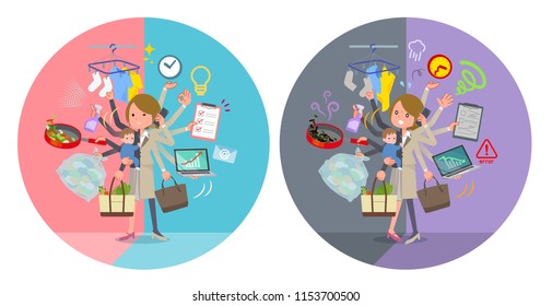 A set of women who perform multitasking in offices and private.There are things to do smoothly and a pattern that is in a panic.It's vector art so it's easy to edit.