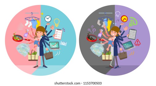 A set of women who perform multitasking in offices and private.There are things to do smoothly and a pattern that is in a panic.It's vector art so it's easy to edit.