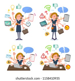 A set of women who perform multitasking in the office.There are things to do smoothly and a pattern that is in a panic.It's vector art so it's easy to edit.