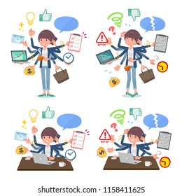 A set of women who perform multitasking in the office.There are things to do smoothly and a pattern that is in a panic.It's vector art so it's easy to edit.