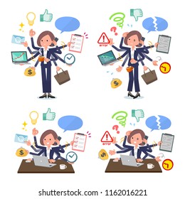 A set of women who perform multitasking in the office.There are things to do smoothly and a pattern that is in a panic.It's vector art so it's easy to edit.