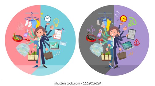 A set of women who perform multitasking in offices and private.There are things to do smoothly and a pattern that is in a panic.It's vector art so it's easy to edit.