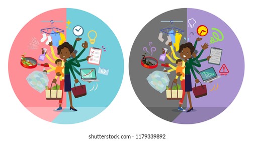 A set of women who perform multitasking in offices and private.There are things to do smoothly and a pattern that is in a panic.It's vector art so it's easy to edit.