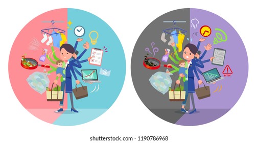 A set of women who perform multitasking in offices and private.There are things to do smoothly and a pattern that is in a panic.It's vector art so it's easy to edit.