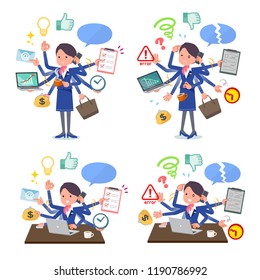 A set of women who perform multitasking in the office.There are things to do smoothly and a pattern that is in a panic.It's vector art so it's easy to edit.