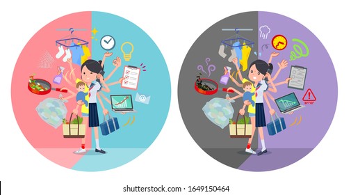 Un conjunto de mujeres que realizan tareas múltiples en oficinas y en privado. Hay cosas que hacer sin problemas y un patrón que está en pánico. Es arte vectorial, así que es fácil de editar.