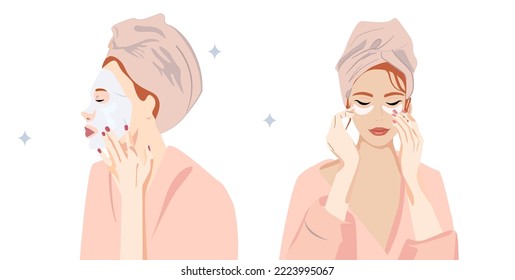 A set of women who prosody beauty procedures at home. A woman in a pink robe and with a towel on her head applies a mask and patches to her face and under her eyes. Facial skin care cleansing 