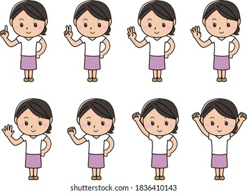 A set of women who smile and pose in various ways. A woman counting with her fingers.