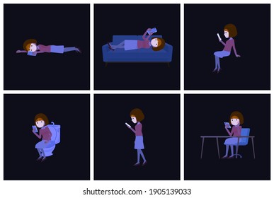 A set of women who use smartphones in the dark.It's vector art so easy to edit.