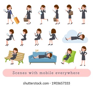 A set of women who uses a smartphone in various scenes.It's vector art so it's easy to edit.