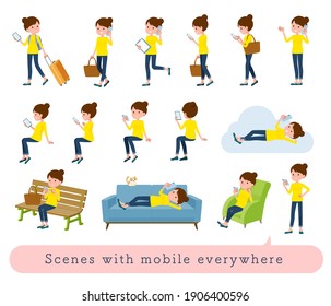 A set of women who uses a smartphone in various scenes.It's vector art so it's easy to edit.