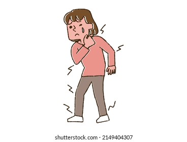 A set of women whose body hurts. Comical handwritten person vector, line drawing and color