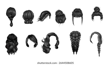 Set of women wigs hairstyle vector illustration