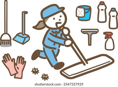 A set of women in work clothes and cleaning tools