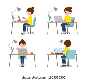 A set of women working at a desk at a computer.The angles are from the front, side, back and diagonal.It's vector art so it's easy to edit.