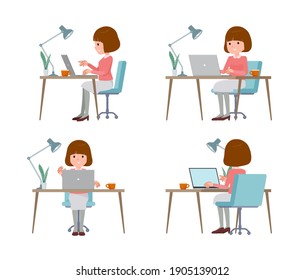 A set of women working at a desk at a computer.It's vector art so easy to edit.