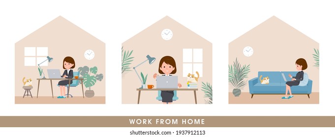 A set of women working from home. It's vector art so easy to edit.