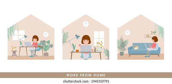 A set of women working from home. It's vector art so easy to edit.