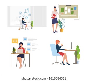 Set of women working on digital project. Flat vector illustrations of women developing business ideas. Computer work, freelancer, planning concept for banner, website design or landing web page