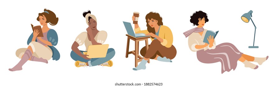 Eine Reihe von Frauen, die mit Laptops arbeiten oder studieren, Computer, Bücher von zu Hause lesen. Flache Cartoon-Vektorgrafik.