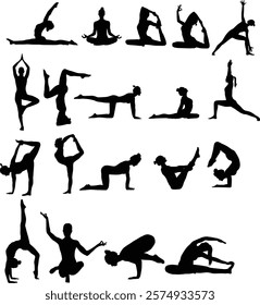 Set of women in yoga pose silhouette illustration