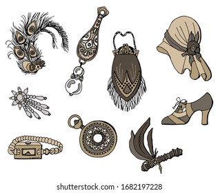 Set of women's accessories 1920. Gatsby. Art deco style. Cartoon style illustration. Stock illustration. Isolated white.