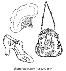 Set of women's accessories of the 1920s. Handbag, shoes, fan with feathers. Art Deco style. Line art style. Stock illustration. Isolated white.