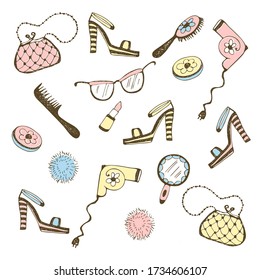Set of women's accessories, cosmetics. Vector illustration.