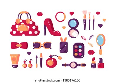 Set of womens accessories vector illustration. Various creams and cosmetics glasses, eyelashes brush, powder box with miniature mirror to help stay pretty flat style concept. Isolated on white