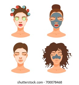 Set of women's avatars about SPA, beauty care, face mask: clay, alginate modeling mask, cream. Cosmetics applied to the skin. Relaxation, skin treatment, care products. Vector icon illustration.