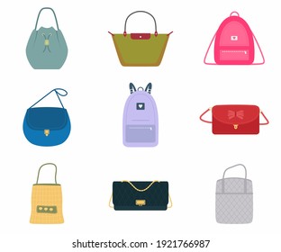 A set of women's bags, a fashionable bag with assortment color : handbag, back pack, tote bag, bucket. Trendy of different types isolated on white background. Flat design, vector illustration