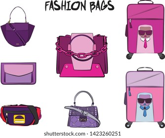 Set of  women's bags. Vector illustration isolated on a white background. Violet and pink colors.
Different types of bags, satchel, saddle, hobo, doctor, clutch, duffel, tote, barrel, suitcase 