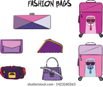 Set of  women's bags. Vector illustration isolated on a white background. Violet and pink colors.
Different types of bags, satchel, saddle, hobo, doctor, clutch, duffel, tote, barrel, suitcase 