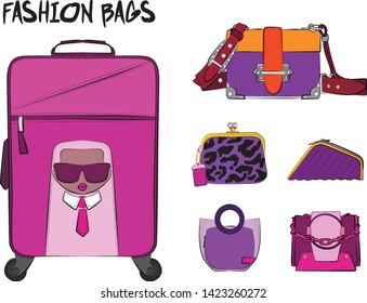 Set of  women's bags. Vector illustration isolated on a white background. Violet and pink colors.
Different types of bags, satchel, saddle, hobo, doctor, clutch, duffel, tote, barrel, suitcase 
