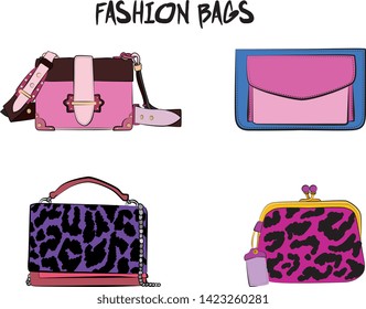 Set of  women's bags. Vector illustration isolated on a white background. Violet and pink colors.
Different types of bags, satchel, saddle, hobo, doctor, clutch, duffel, tote, barrel, suitcase 