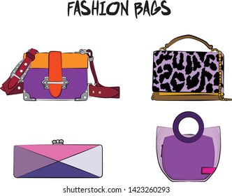 Set of  women's bags. Vector illustration isolated on a white background. Violet and pink colors.
Different types of bags, satchel, saddle, hobo, doctor, clutch, duffel, tote, barrel, suitcase 