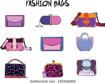 Set of  women's bags. Vector illustration isolated on a white background. Violet and pink colors.
Different types of bags, satchel, saddle, hobo, doctor, clutch, duffel, tote, barrel, suitcase 
