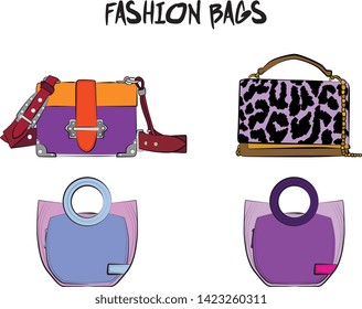 Set of  women's bags. Vector illustration isolated on a white background. Violet and pink colors.
Different types of bags, satchel, saddle, hobo, doctor, clutch, duffel, tote, barrel, suitcase 